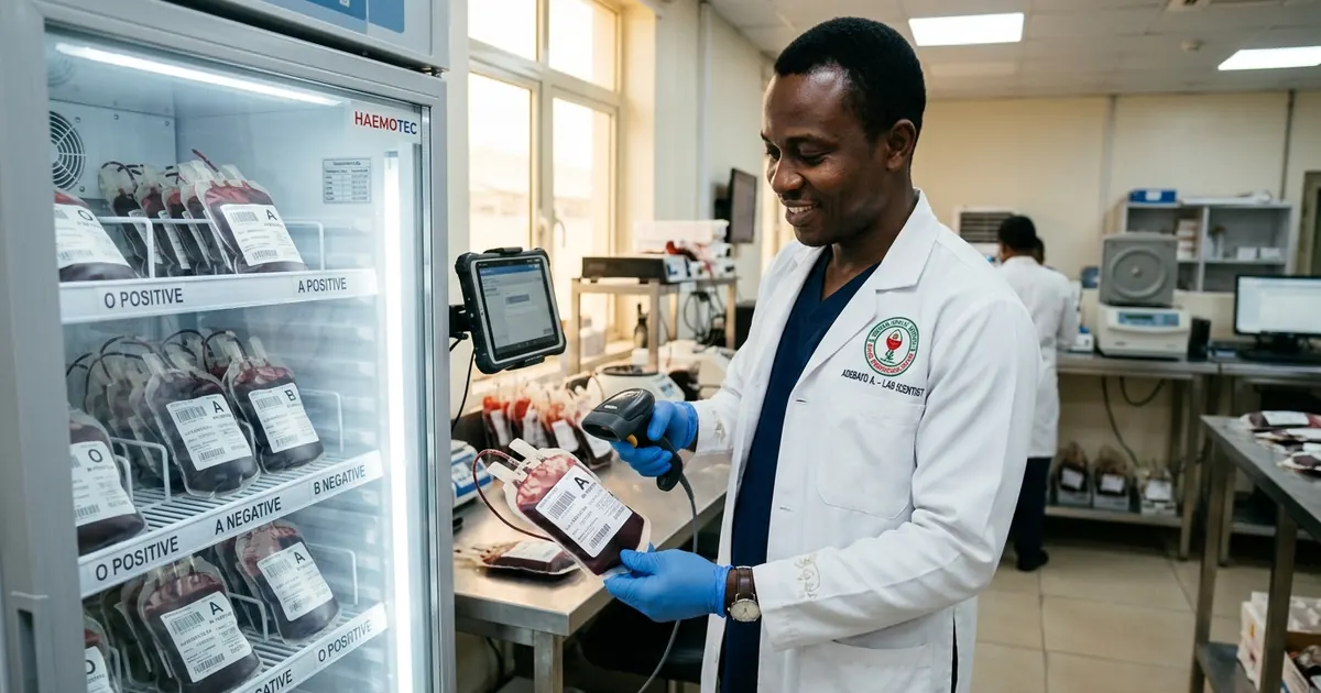 Nigerian medical laboratory scientist scanning a barcoded blood bag unit beside a blood bank refrigerator in Lagos
