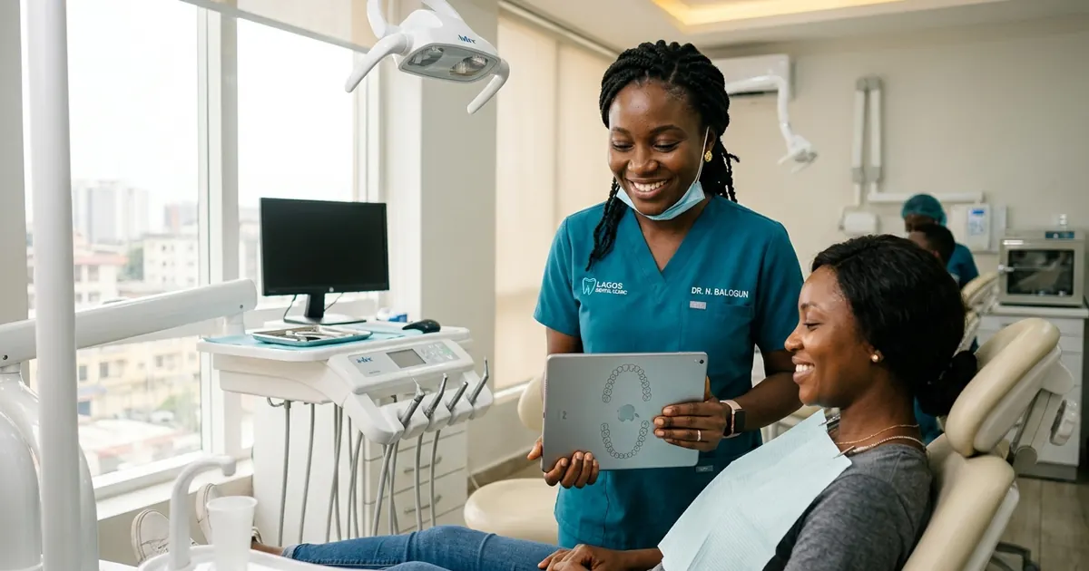 Nigerian female dental surgeon reviewing an interactive 32-tooth FDI digital odontogram on a tablet with a patient in a Lagos dental clinic