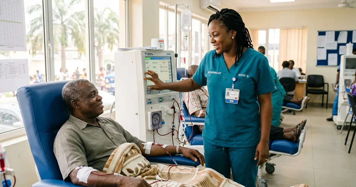 Nigerian nephrology nurse checking a hemodialysis machine monitor beside a patient in a sunlit renal care center