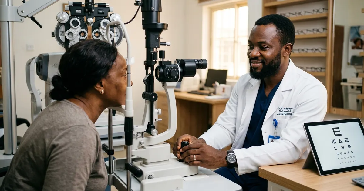 Nigerian male optometrist conducting a slit-lamp biomicroscope and digital Snellen refraction examination with a patient in an Abuja eye clinic