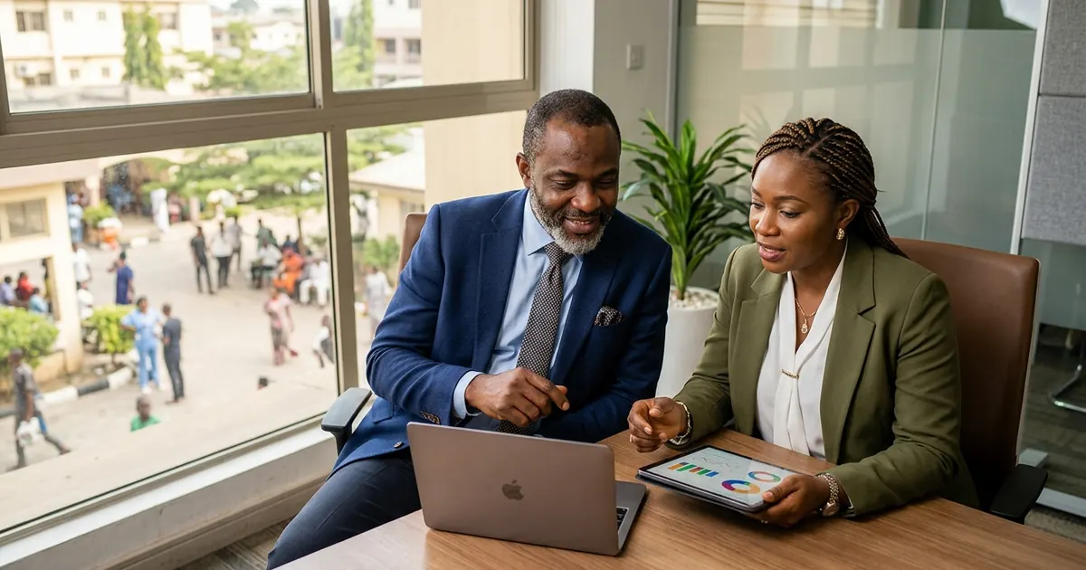 Nigerian Chief Medical Director and hospital finance director reviewing multi-branch analytics and forensic revenue audit dashboards