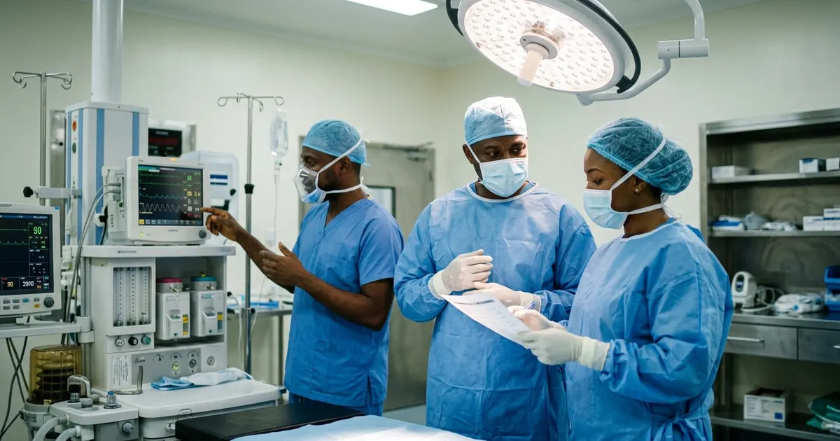 Nigerian surgical team conducting a pre-incision WHO Surgical Safety Checklist time-out in a modern Abuja operating theatre