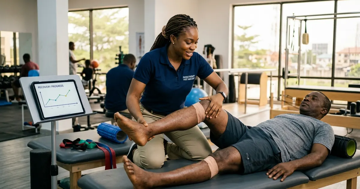 Nigerian physiotherapist guiding an adult patient through knee range-of-motion rehabilitation while tracking functional progress on a tablet in Port Harcourt