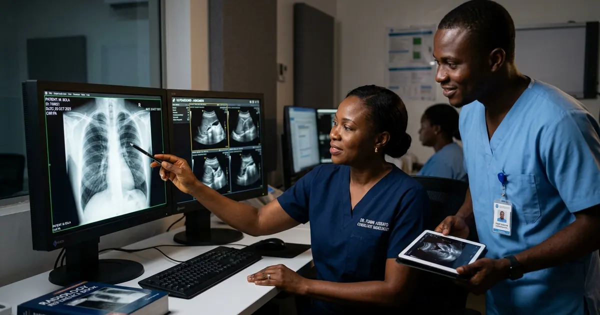 Nigerian female consultant radiologist and male radiographer reviewing digital chest X-ray and ultrasound scans on a dual-monitor RIS/PACS workstation